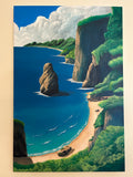 Whispers of the Coast. 24 x 36” Acrylic Painting. Costal Cliffs and Mountains, and Tranquil  Beach Scene