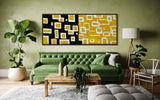 Extra Large Narrow Geometric Abstract Oil Painting - White Rectangles on Black and Yellow Background