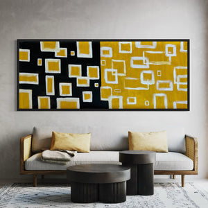 Extra Large Narrow Geometric Abstract Oil Painting - White Rectangles on Black and Yellow Background