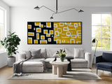 Extra Large Narrow Geometric Abstract Oil Painting - White Rectangles on Black and Yellow Background