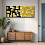 Extra Large Narrow Geometric Abstract Oil Painting - White Rectangles on Black and Yellow Background