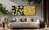 Extra Large Narrow Geometric Abstract Oil Painting - White Rectangles on Black and Yellow Background