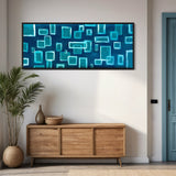 Extra Large Narrow Geometric Abstract Oil Painting - White Rectangles on Blue Background