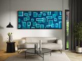 Extra Large Narrow Geometric Abstract Oil Painting - White Rectangles on Blue Background