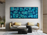 Extra Large Narrow Geometric Abstract Oil Painting - White Rectangles on Blue Background