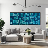 Extra Large Narrow Geometric Abstract Oil Painting - White Rectangles on Blue Background