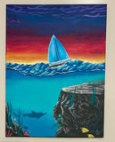 A Distant Voyage. 18 x 24” Acrylic Painting. Sail Boat at Sea