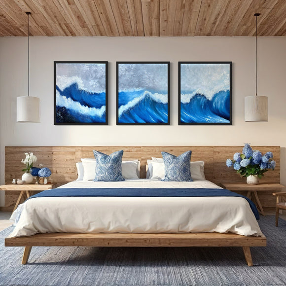 3 Piece Set  - Extra Large Stormy Waves Abstract Oil Painting